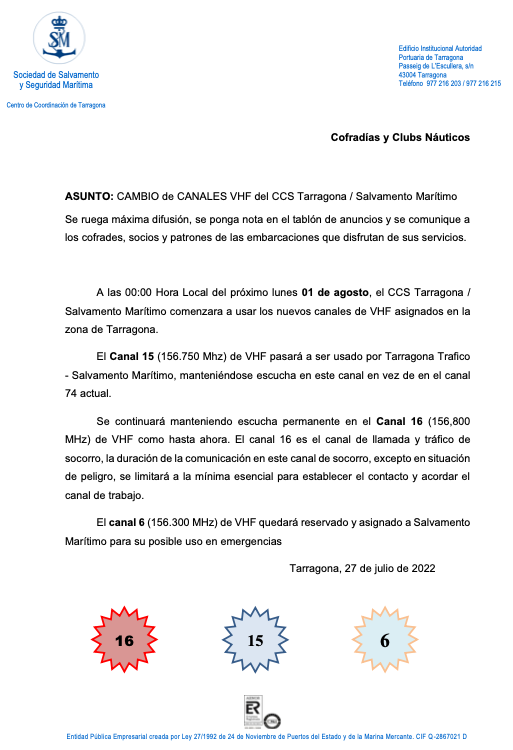 CAMBIO de CANALES VHF del CCS Tarragona / Salvamento Marítimo