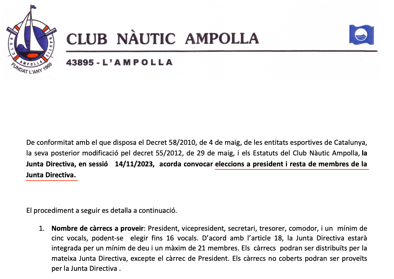 Convocatoria Eleccions a Junta Directiva Club Nàutic Ampolla